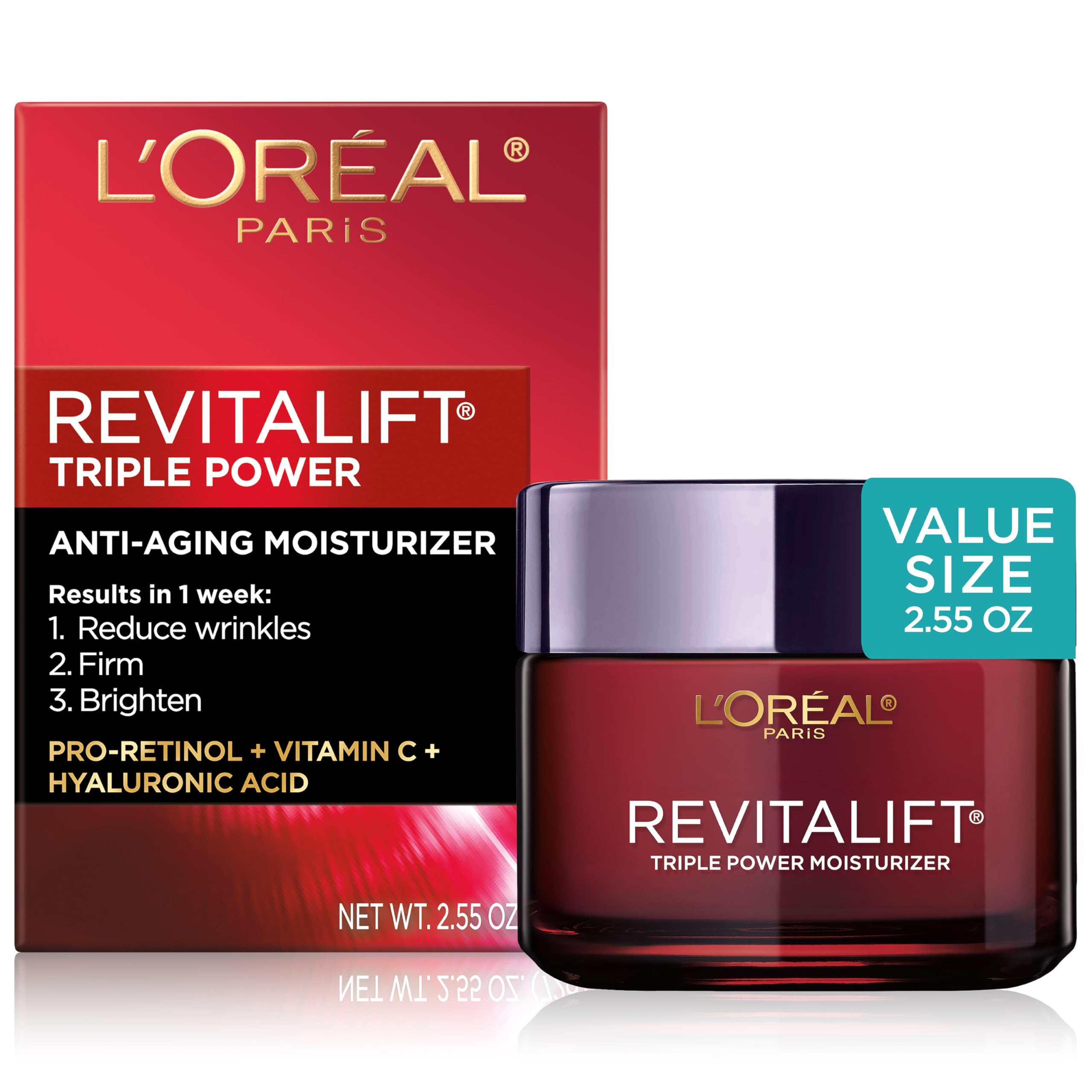 L'Oreal Paris Revitalift Triple Power Anti-Aging Face Moisturizer, Pro Retinol, Hyaluronic Acid & Vitamin C, Reduce Wrinkles 2.55 Oz