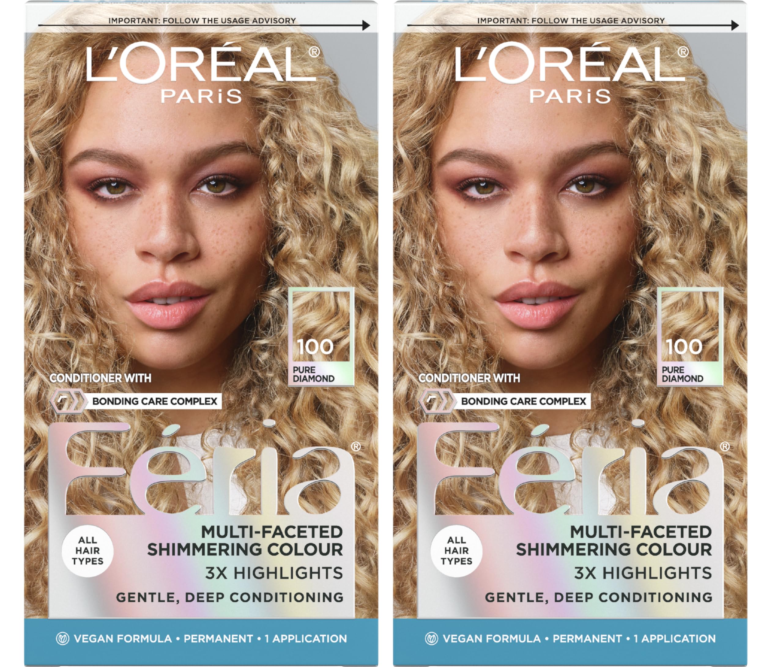 L'Oreal Paris Feria Multi-Faceted Shimmering Permanent Hair Color, 100 Pure Diamond, Hair Dye Kit, Pack of 2