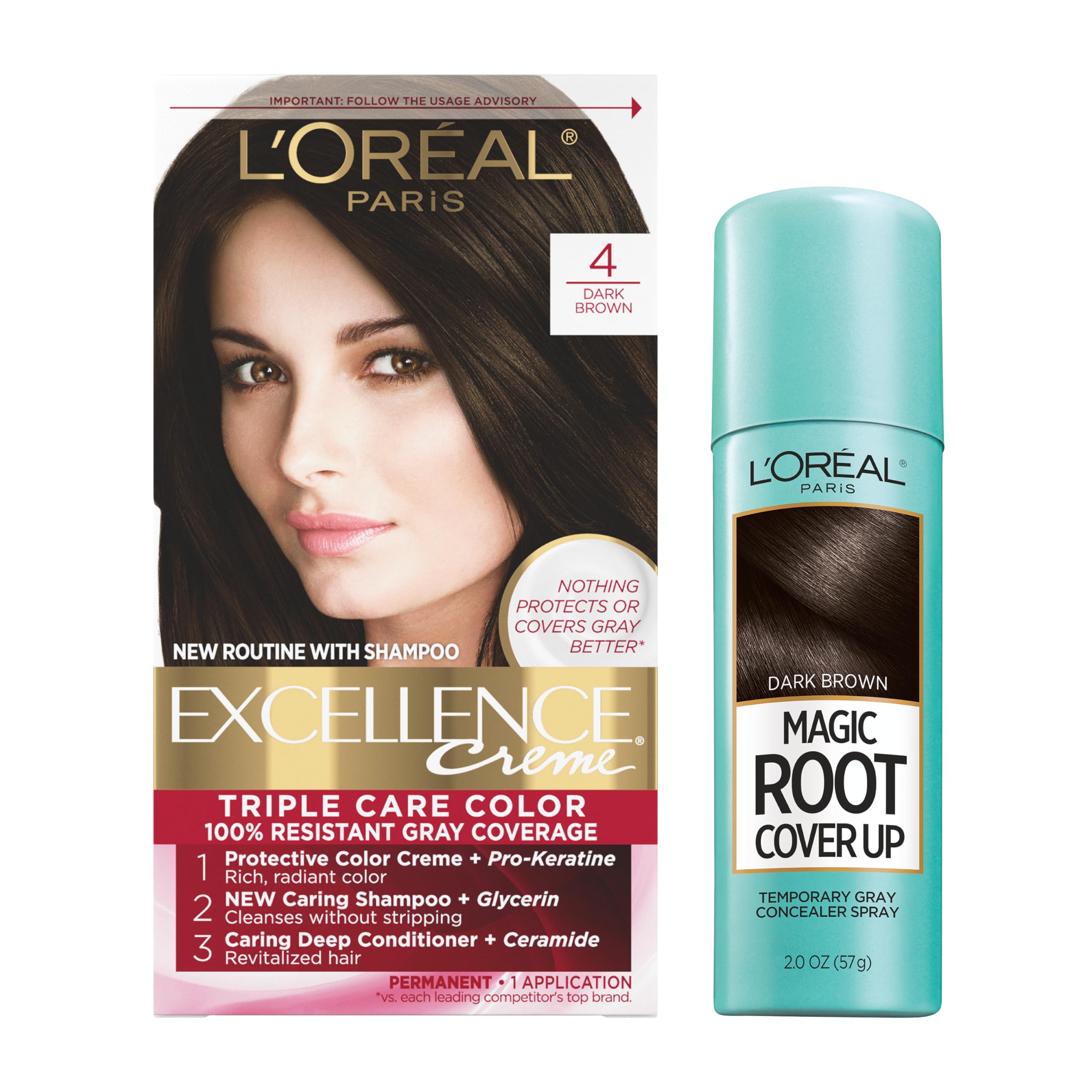 L'Oreal Paris Excellence Creme Permanent Hair Color, 4 Dark Brown, 100 percent Gray Coverage Hair Dye & L'Oreal Paris Magic Root Cover Up Gray Concealer Spray Dark Brown 2 oz. (Pack of 2)