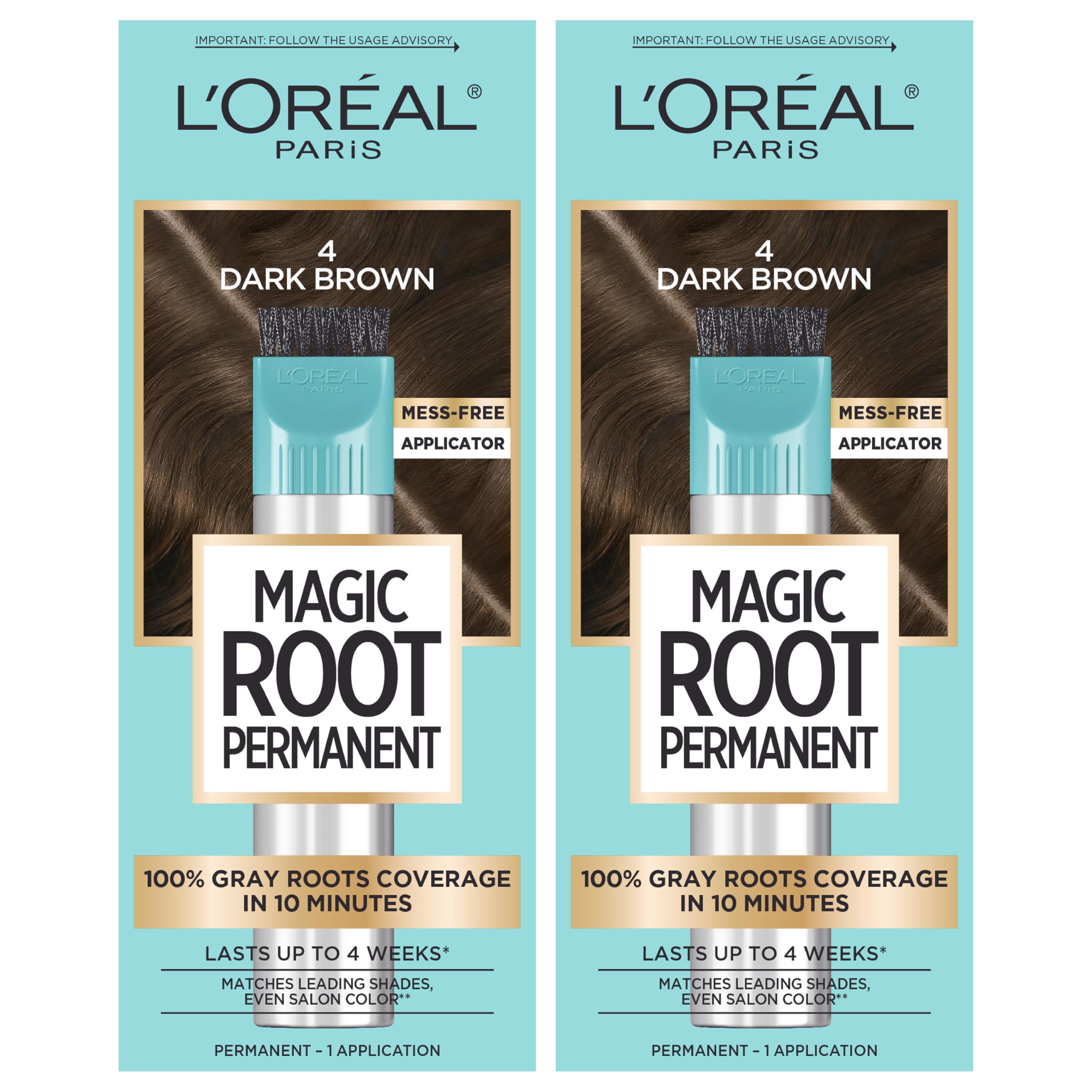 L'Oreal Paris Magic Root Rescue 10 Minute Root Hair Coloring Kit, Permanent Hair Color with Quick Precision Applicator, 100 percent Gray Coverage, 4 Dark Brown, 2 count