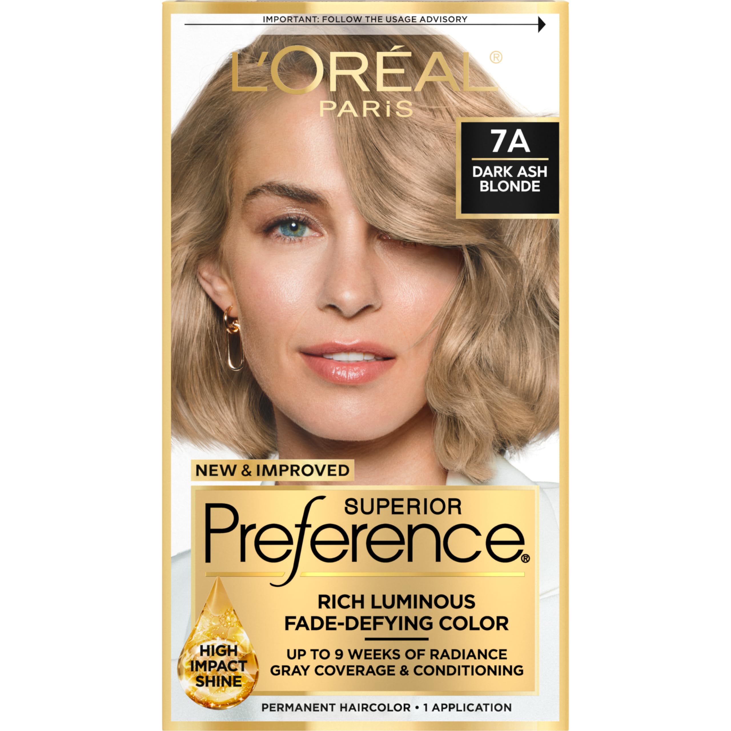 L'Oreal Paris Superior Preference Luminous Fade-Defying Permanent Hair Color, Hair Dye For Up to 9 Weeks of Radiance, Dark Ash Blonde 7A, 1 Hair Dye Kit