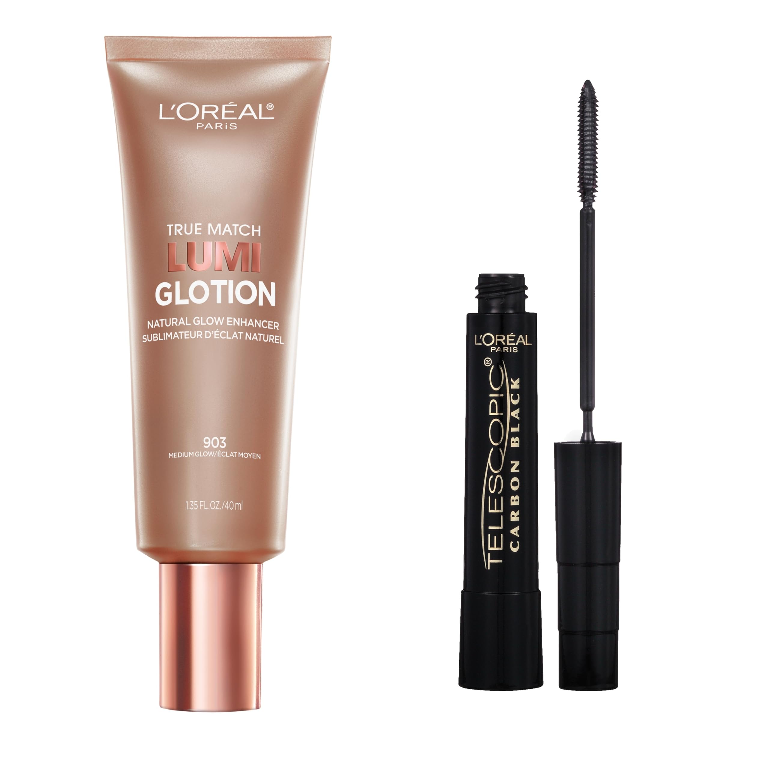 L’Oréal Paris True Match Lumi Glotion Medium and Telescopic Original Mascara in Black Bundle, Pack of 2