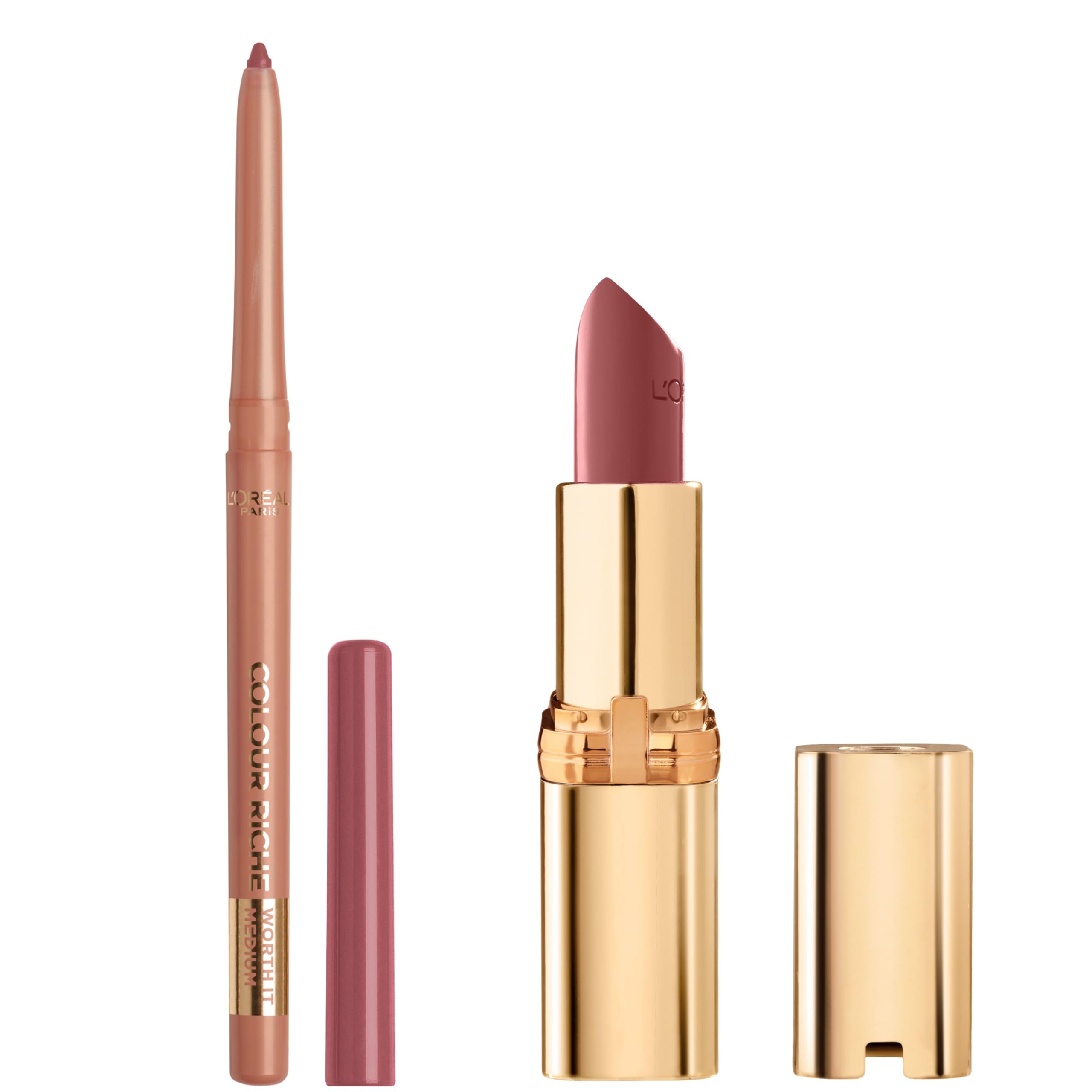 L’Oréal Paris Colour Riche Lipstick and Lip Liner Set, Includes 1 Satin Lipstick and 1 Creamy Lip Pencil For Bold, Nourished Lip Color, Worth It Medium, 1 Kit