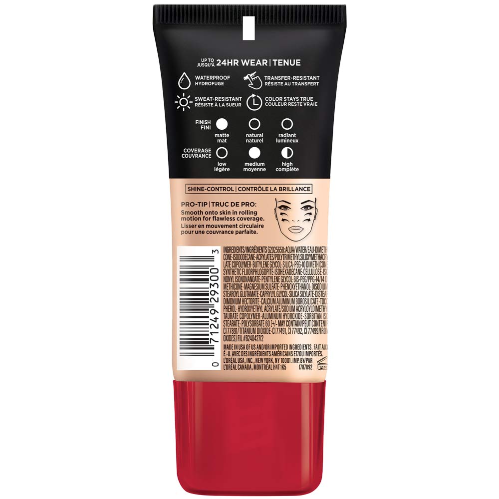 L'Oreal Paris Cosmetics Makeup Infallible Pro-Matte Liquid Longwear Foundation, Shell Beige, 1 fl oz.