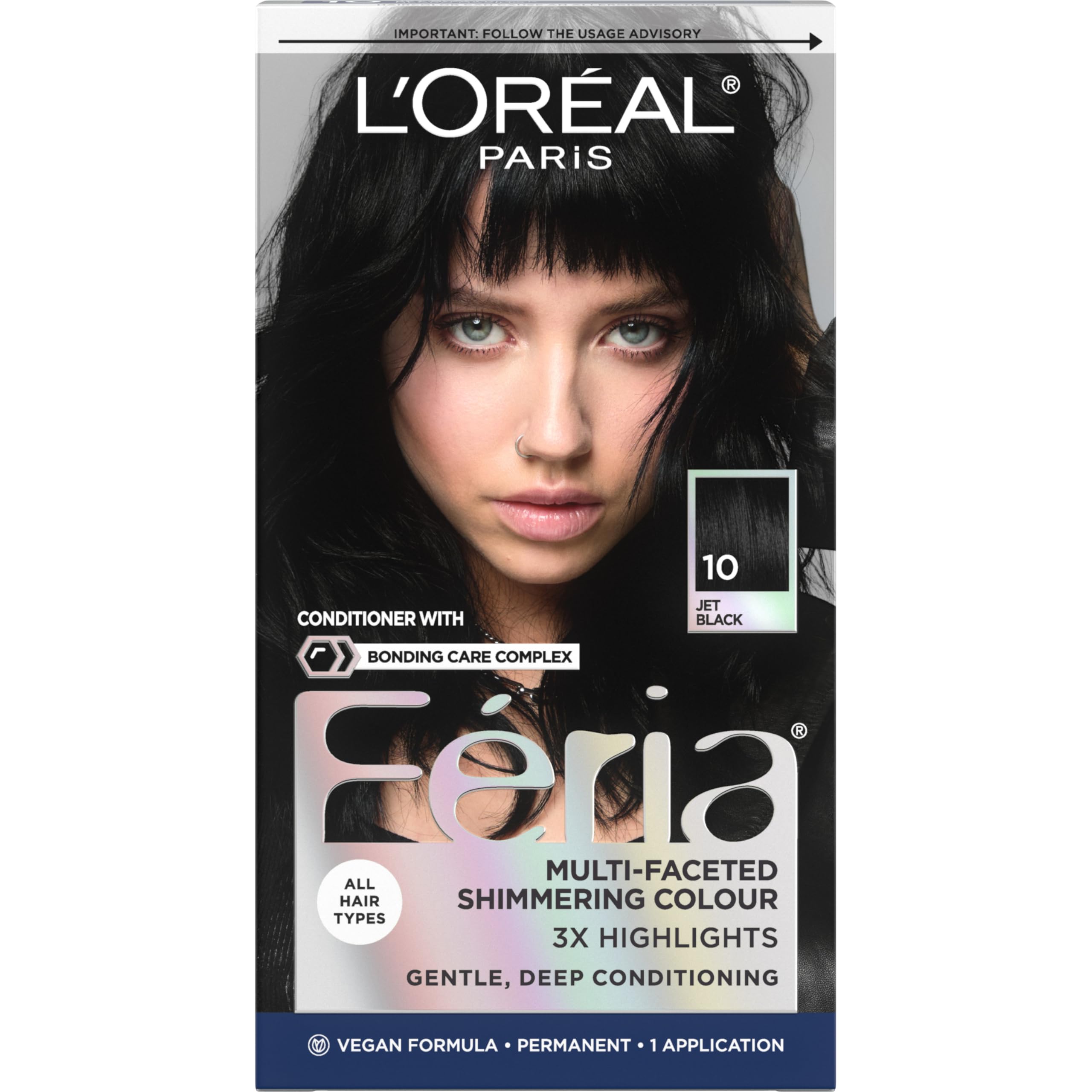L’Oreal Paris Feria Multi-Faceted Shimmering Permanent Hair Color, High Intensity Hair Dye for 3X Highlights, 10 Jet Black (Blackest Black), 1 Hair Dye Kit