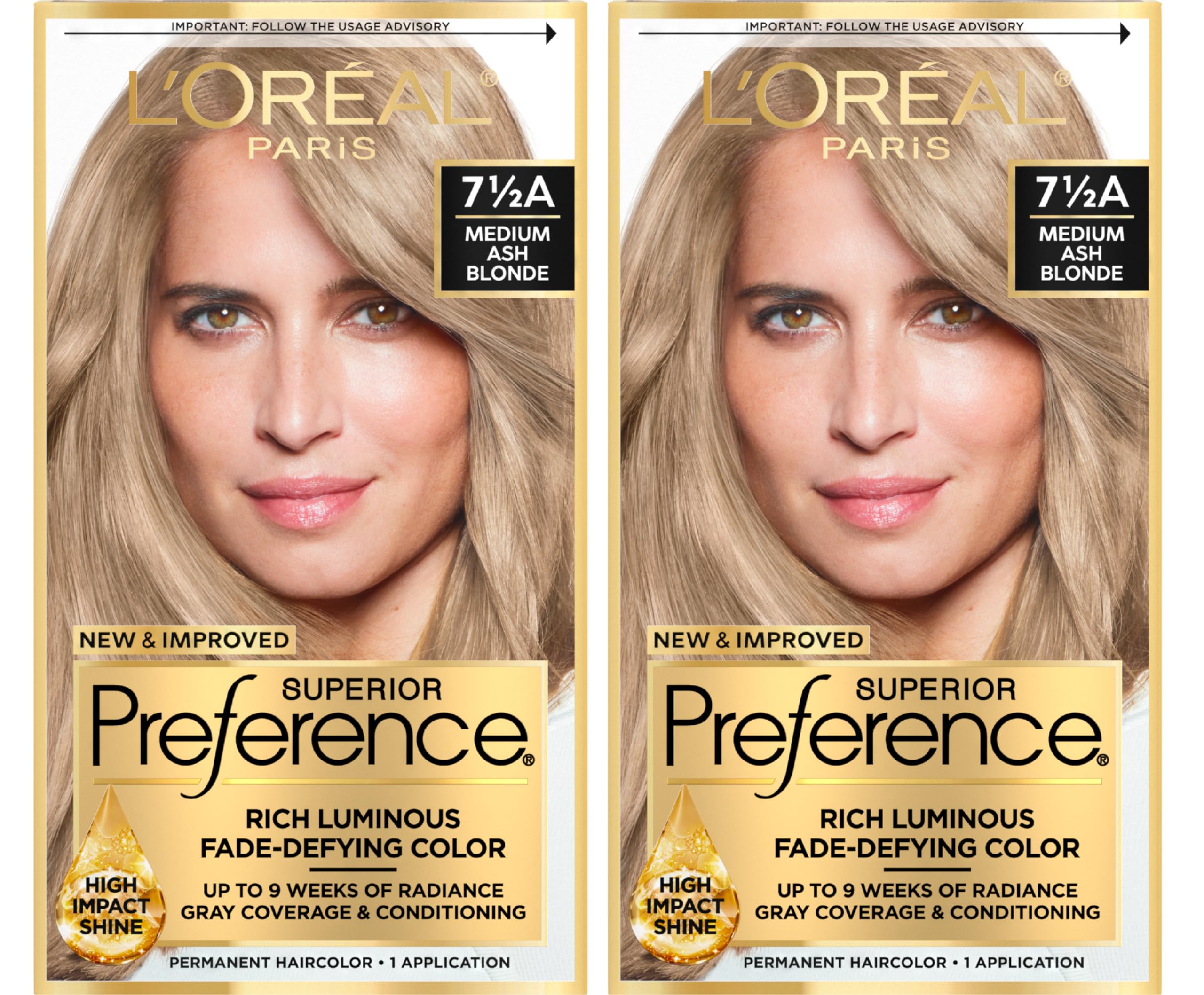 L'Oreal Paris Superior Preference Luminous Fade-Defying Permanent Hair Color, Hair Dye For Up to 9 Weeks of Radiance, Medium Ash Blonde 7.5A, 1 Hair Dye Kit (Pack of 2)