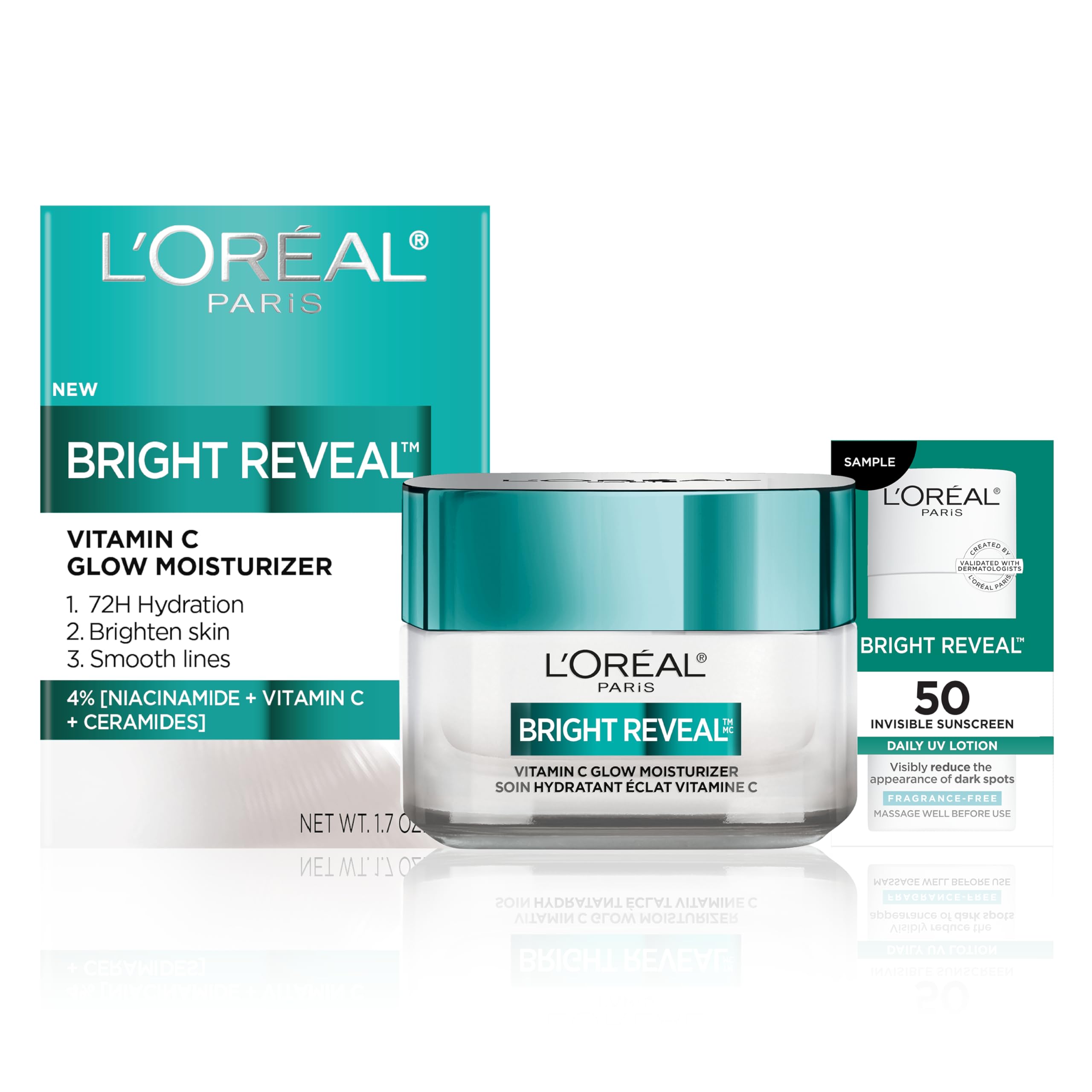 L'Oreal Paris Bright Reveal Vitamin C Glow Moisturizer, Supercharged Facial Moisturizer to Brighten Skin, Even Tone and Hydrate for 72HRs, Includes SPF 50 Sample