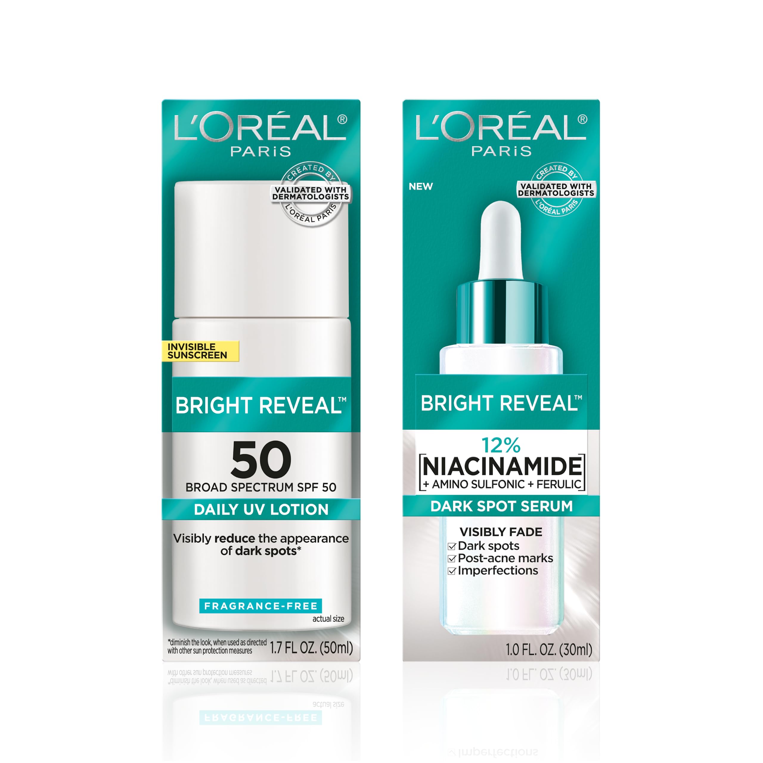 L'Oreal Paris Bright Reveal Niacinamide Dark Spot Serum + Broad-Spectrum SPF 50 Daily UV Lotion + Moisturizer Samples