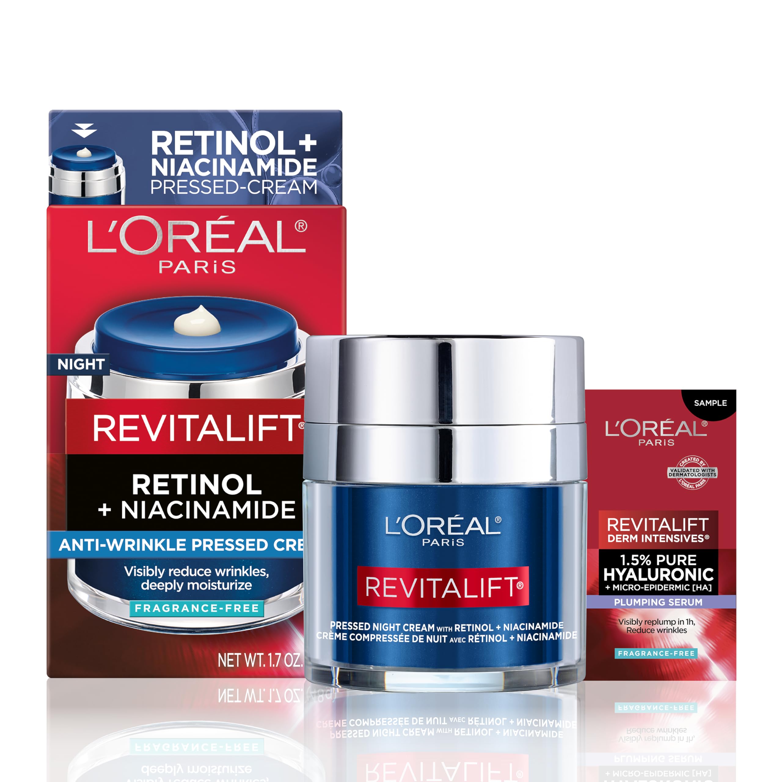 L'Oreal Paris Revitalift Pressed Night Cream, Retinol + Niacinamide, Reduces Wrinkles, Fragrance Free, 1.7 oz + Serum Sample