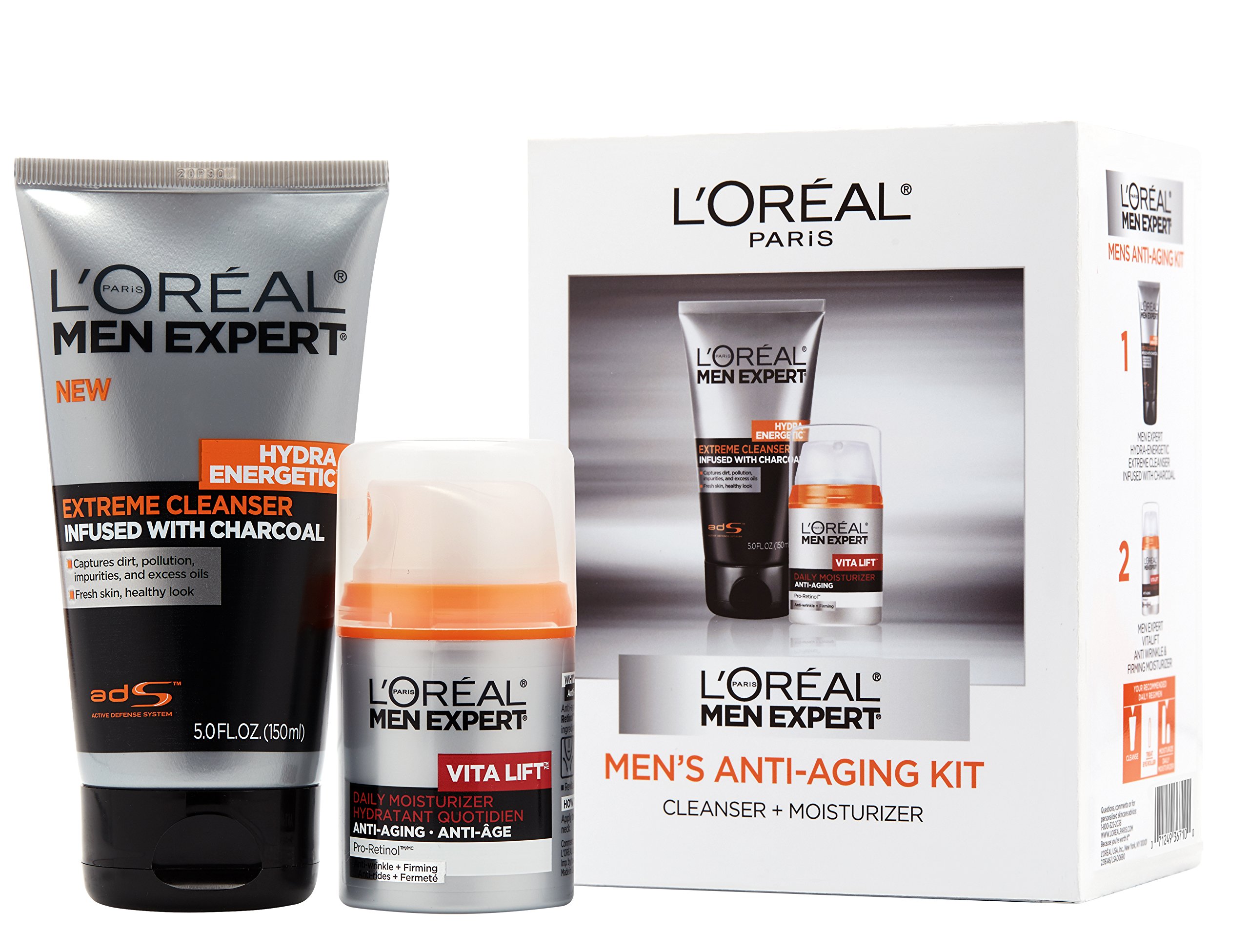 L'Oreal Paris Men Expert Charcoal Facial Cleanser & Anti-Wrinkle & Firming Face Moisturizer Gift Set (Set of 2)