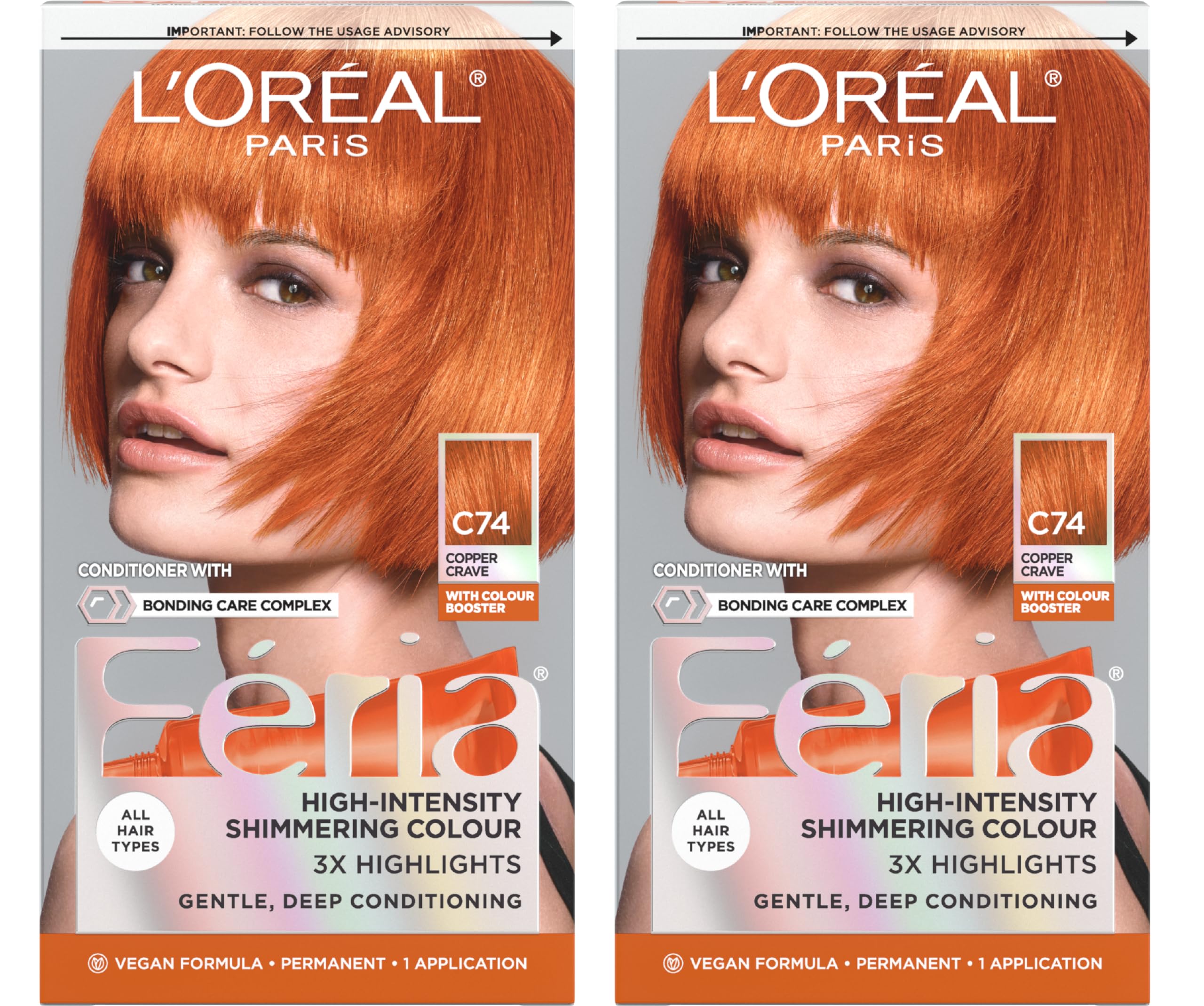 L'Oreal Paris Feria Multi-Faceted Shimmering Permanent Hair Color, C74 Intense Copper, Hair Dye Kit, Pack of 2