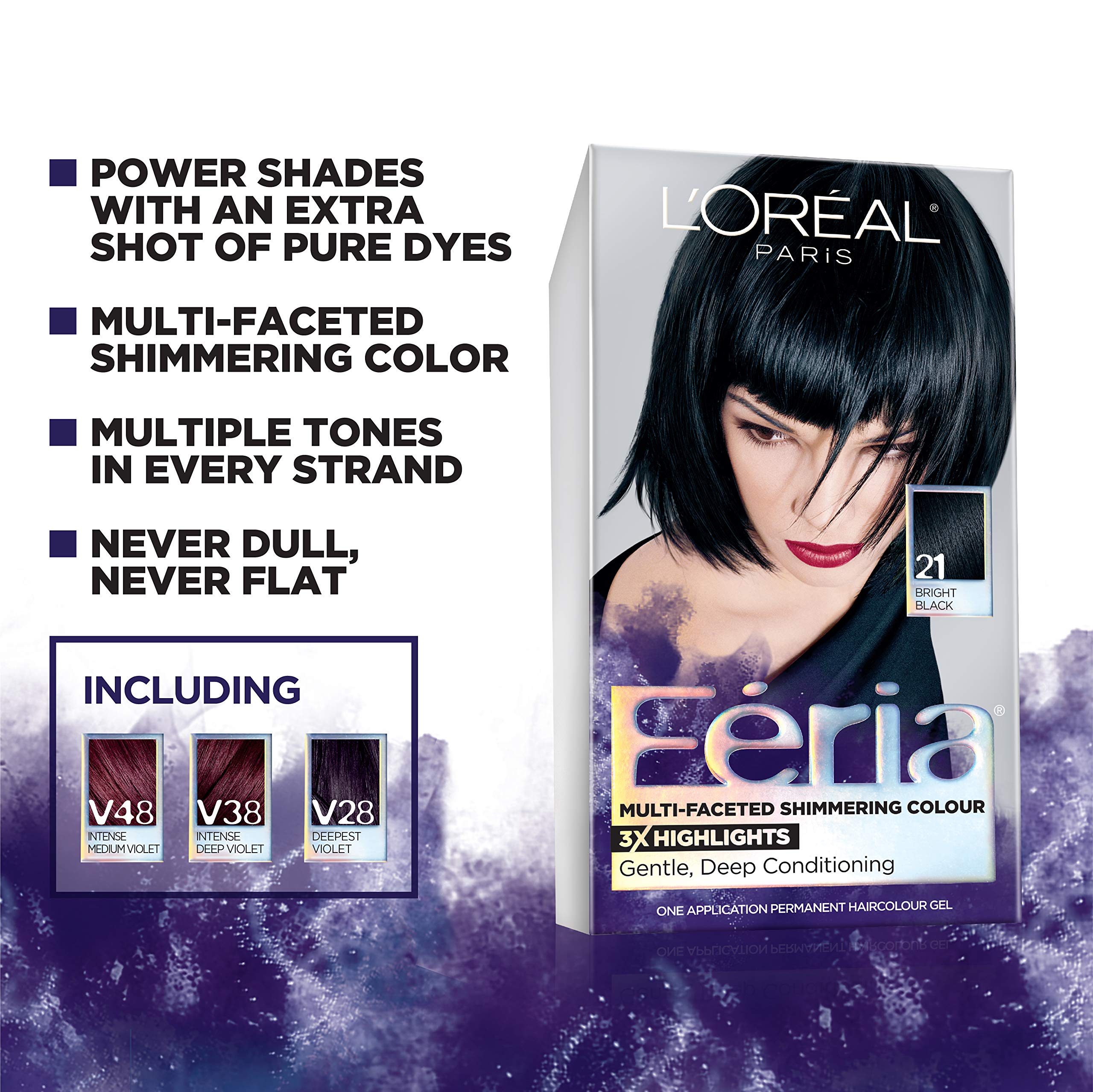 L'Oreal Paris Feria Multi-Faceted Shimmering Permanent Hair Color, V38 Violet Noir, Hair Dye Kit, Pack of 2